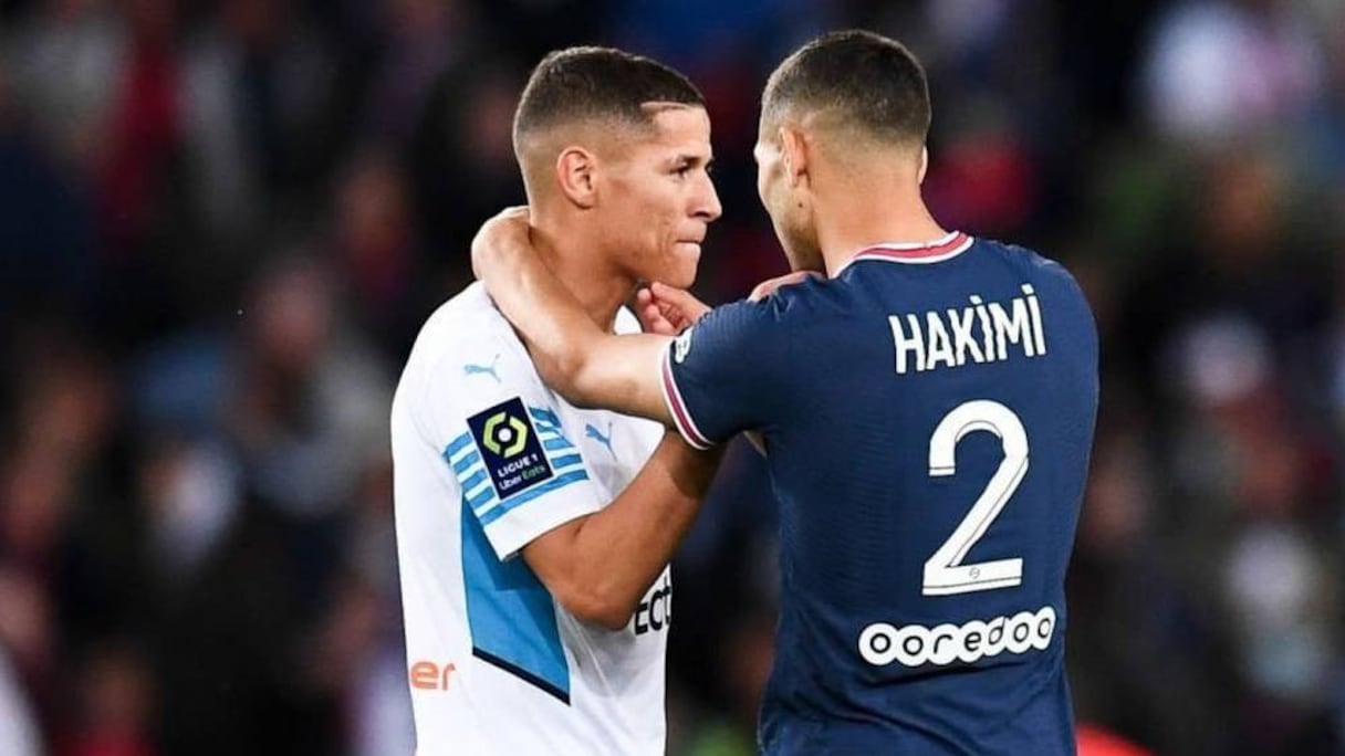 Achraf Hakimi (PSG) et Amine Harit (OM) lors d'un match de Ligue 1.