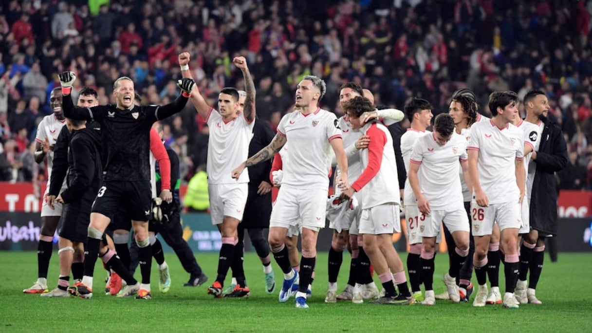 La joie des joueurs du Séville FC après la victoire face à l’Atlético Madrid, le dimanche 11 février 2024.