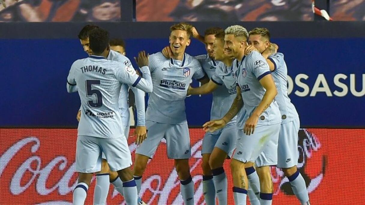 Les joueurs de l'Atlético de Madrid fêtent leur victoire face à Osasuna, à Pampelune, le 17 juin 2020.