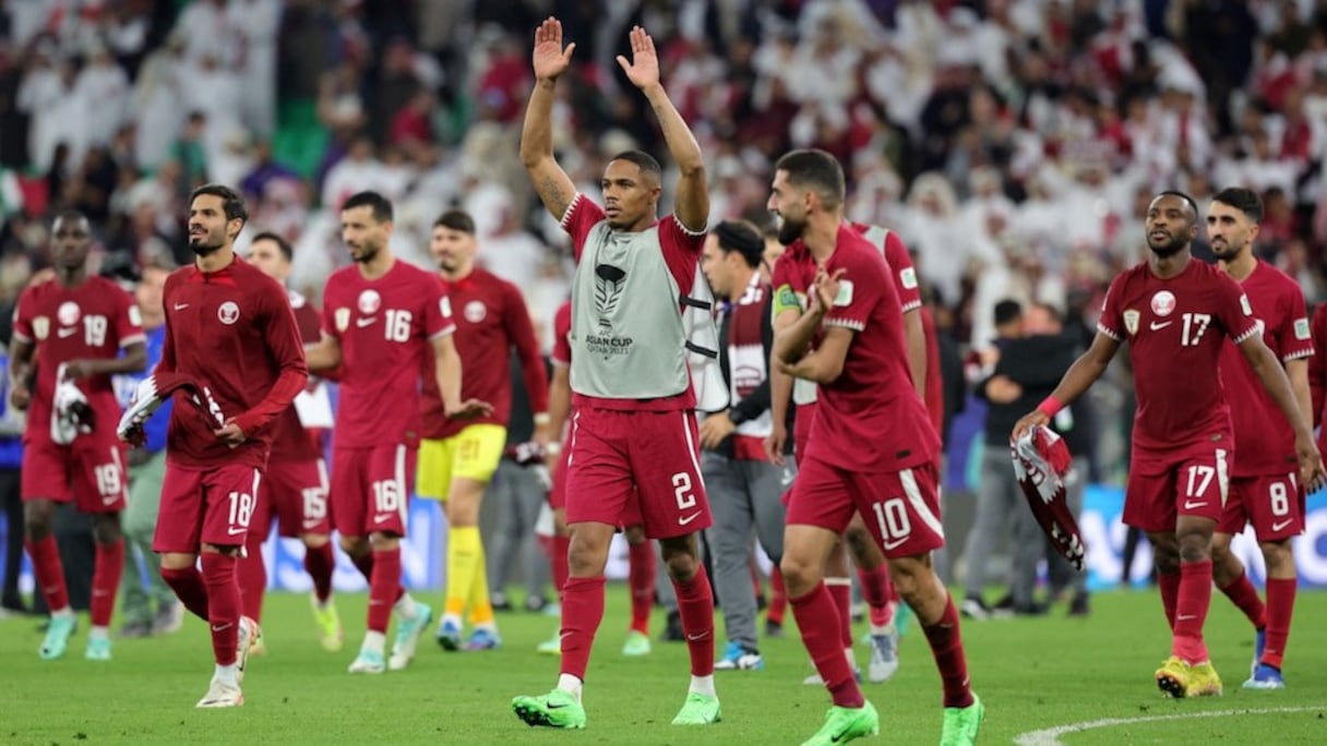 Les joueurs du Qatar après la qualif' pour la finale de la Coupe d'Asie, aux dépens de l'Iran, le mercredi 7 février 2024.