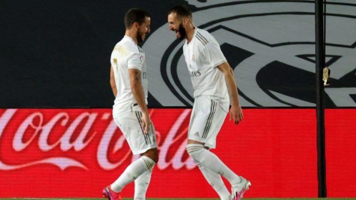 Karim Benzema et Eden Hazard lors du match Real Madrid-Valence CF (le 18 juin 2020).
