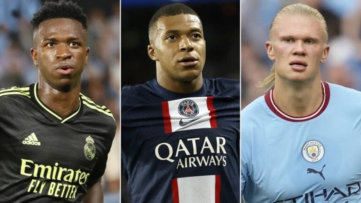 De gauche à droite: Vinícius Júnior, Kylian Mbappé et Erling Haaland.