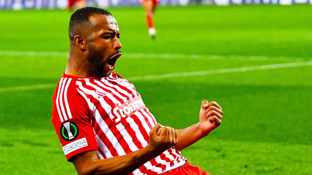 L'attaquant marocain, Ayoub El Kaabi célèbre son but face Ferencvaros (1-0) en Ligue Europa Conférence.