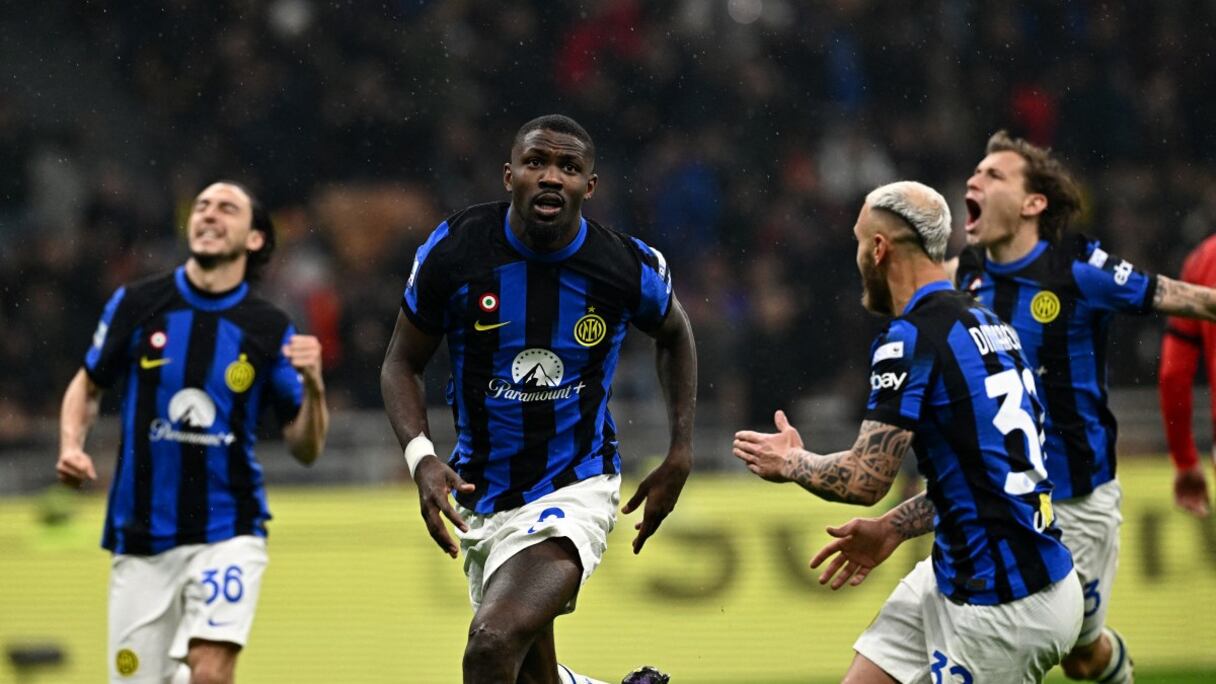 La joie des joueurs de l'Inter Milan contre le Milan AC, lundi 22 avril 2024.