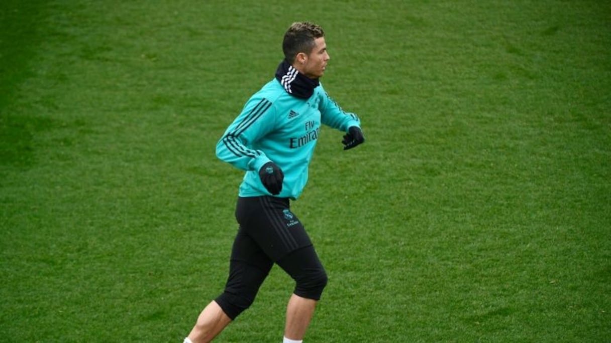 La star du Real Cristiano Ronaldo lors d'une séance d'entraînement au centre de Valdebebas près de Madrid, le 9 janvier 2018