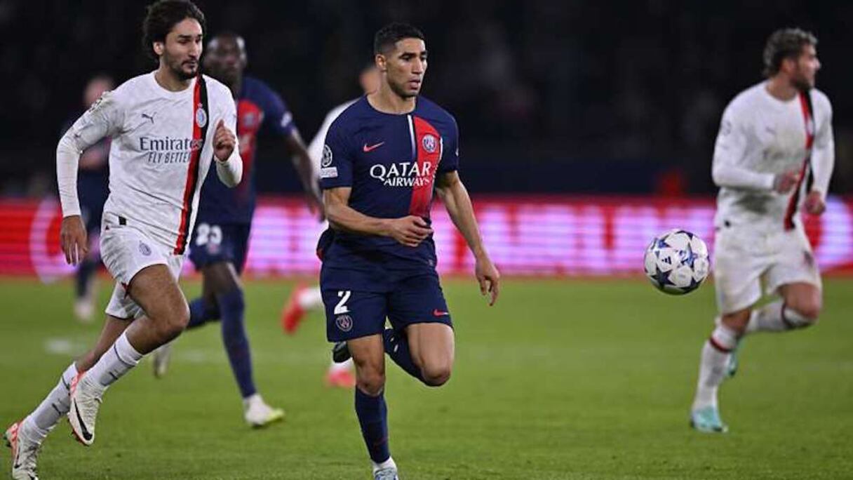 Achraf Hakimi lors du match aller PSG-AC Milan au Parc des Princes, le 25 octobre 2023.
