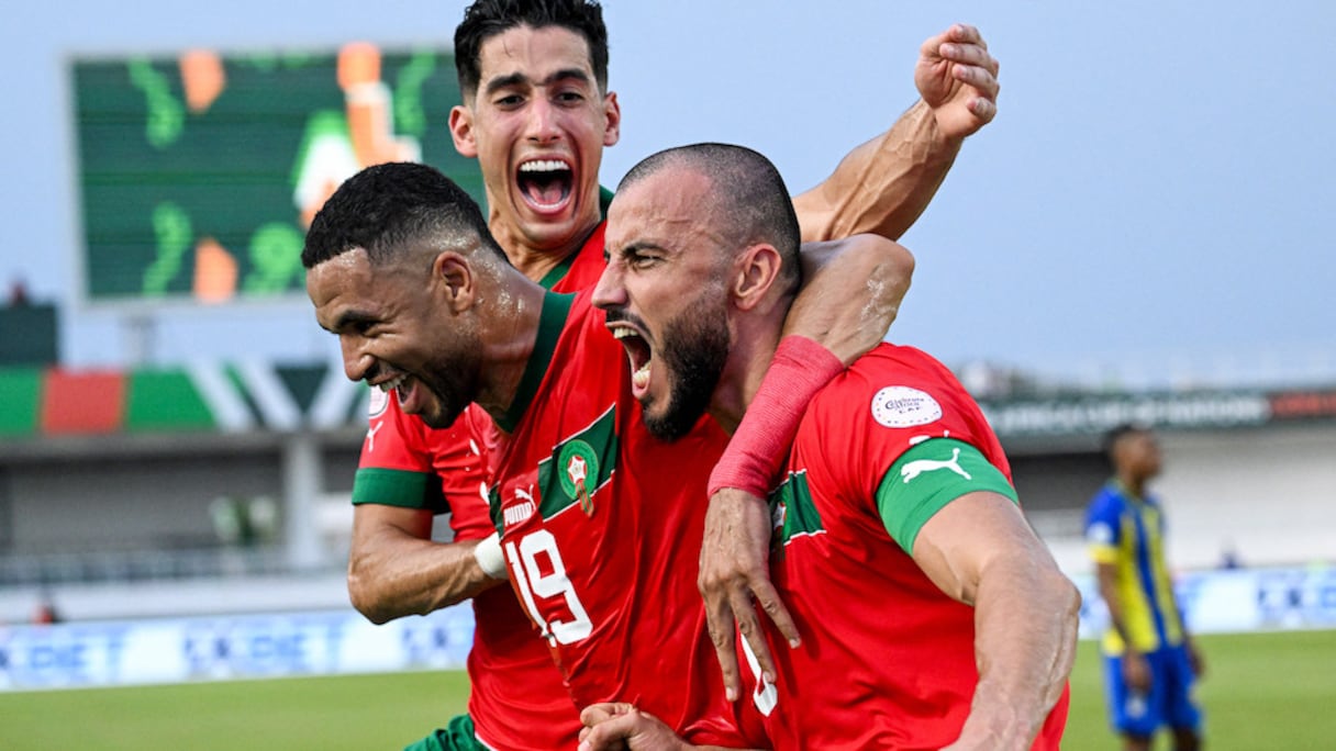 La joie des Lions de l'Atlas après l'ouverture du score par Romain Saïss, contre la Tanzanie, le 17 janvier 2024.