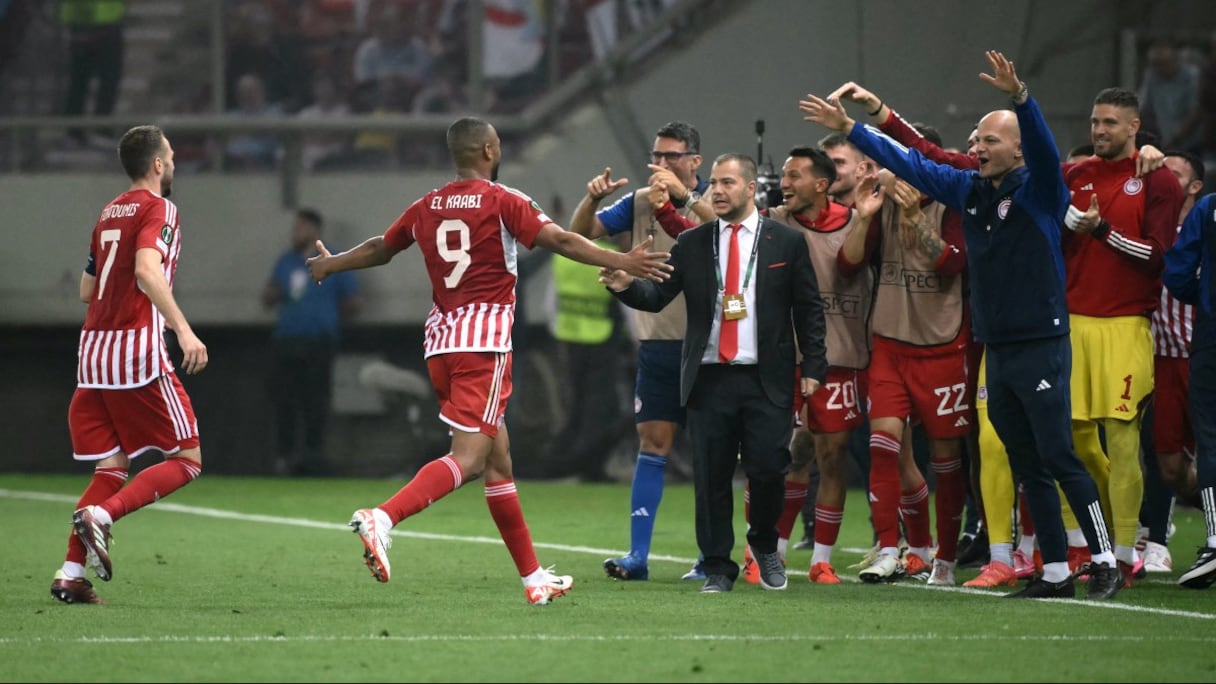 Ayoub El Kaabi après son deuxième but contre Aston Villa, le jeudi 9 mai 2024.