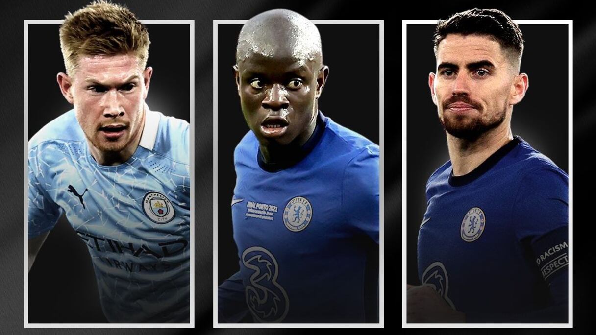 Kanté, Jorginho et De Bruyne.