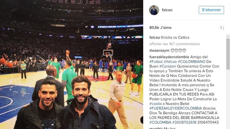 Comme Antoine Griezmann, Radamel Falcao est un grand amoureux du basket-ball. Le monégasque a été au Madison square Garden à New York pour assister au choc Knicks – Celtics.